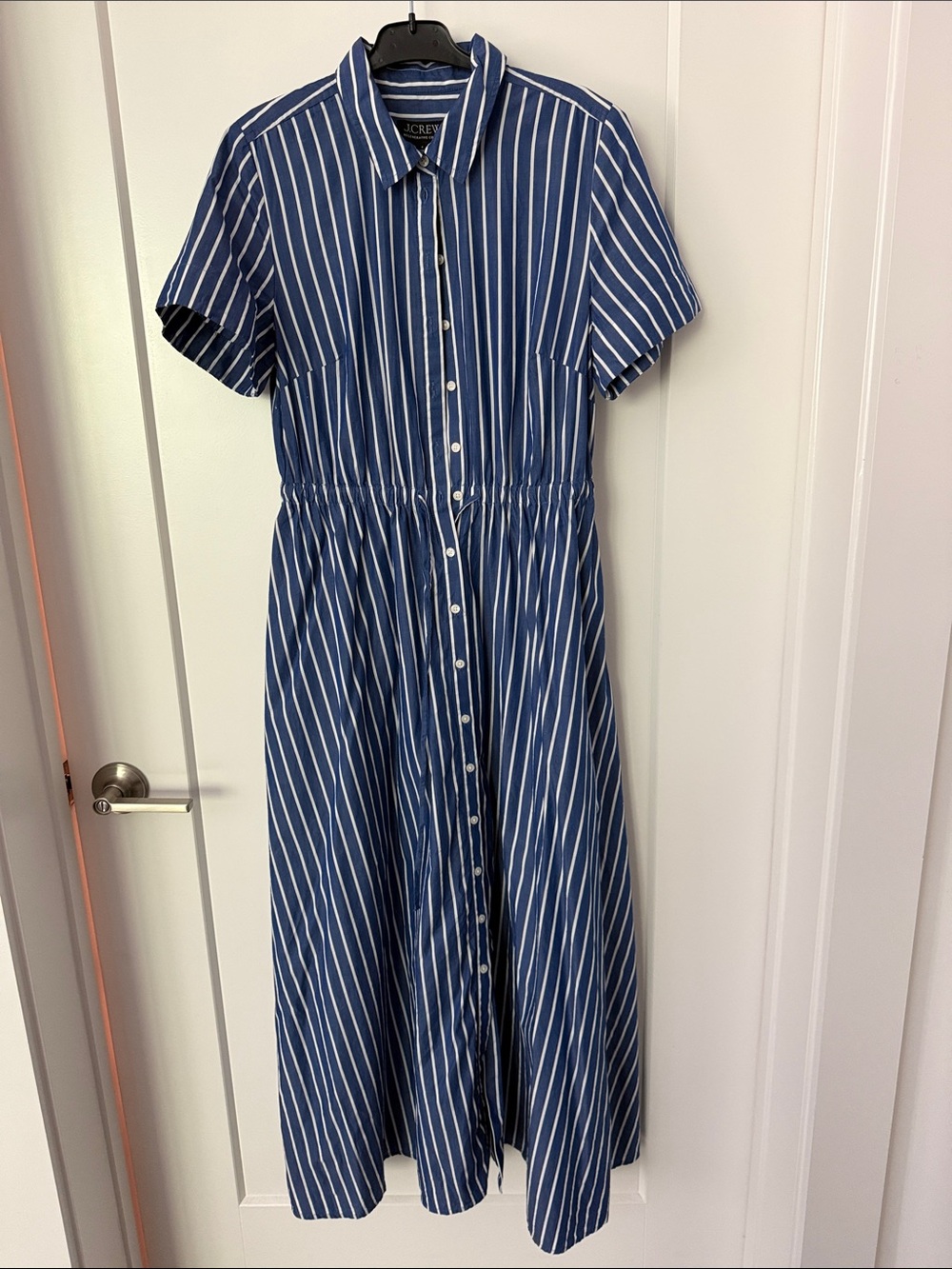 J. Crew Blue and White Striped Midi Shirt Dress